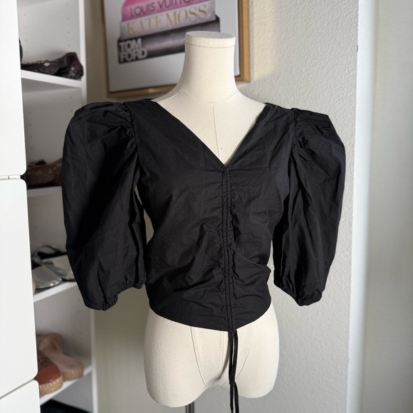Never a Wallflower Designer Black Balloon Sleeve Ruched Blouse Size Small - Picture 3 of 4